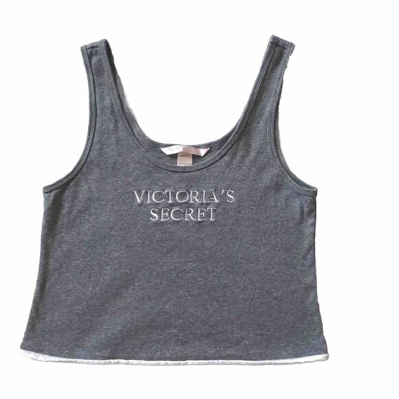Y2K 01 Victoria's Secret Cropped Gray Spellout Tank Top Size Large Cotton EUC! - Picture 1 of 8